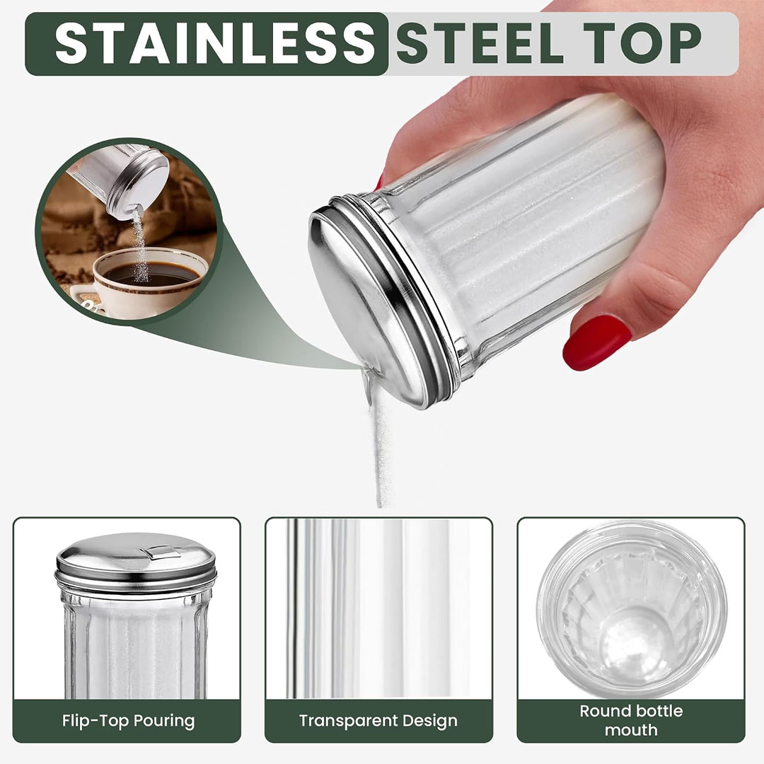 Glass Sugar Pourer with Stainless Steel Flip Top Lid