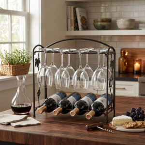 Steel Wine Rack With Glass Holder