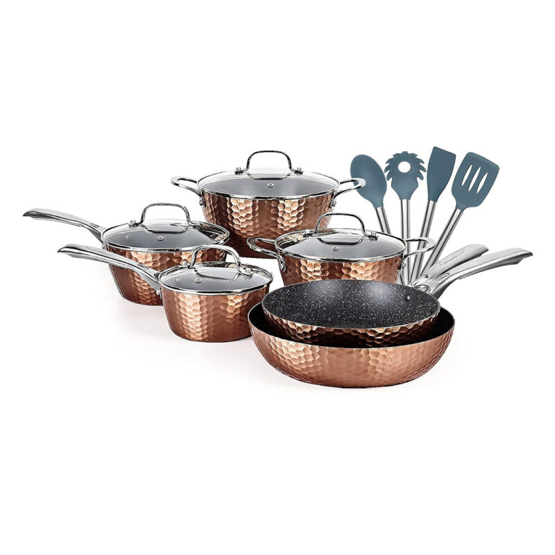 14Pc-Hammered-Non-Stick-Cookware-Set---Lovoin Hammered Nonstick Cookware