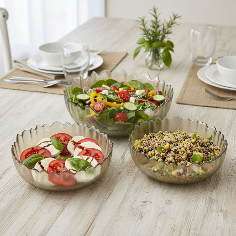 3pc Scalloped Edge Glass Bowl Set