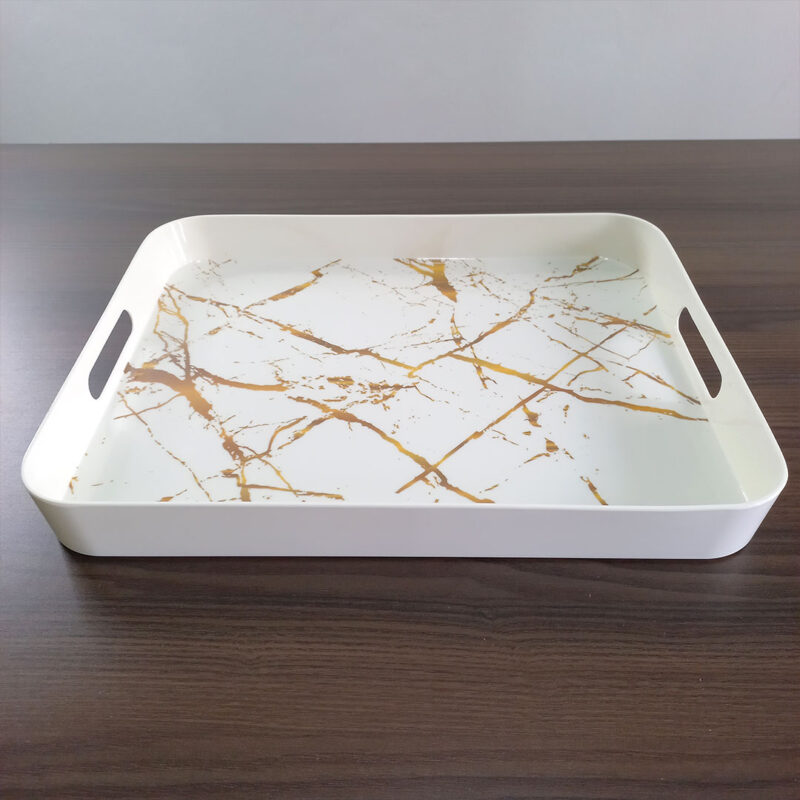 Rectangular Melamine Serving Tray – White with Gold Marble Print