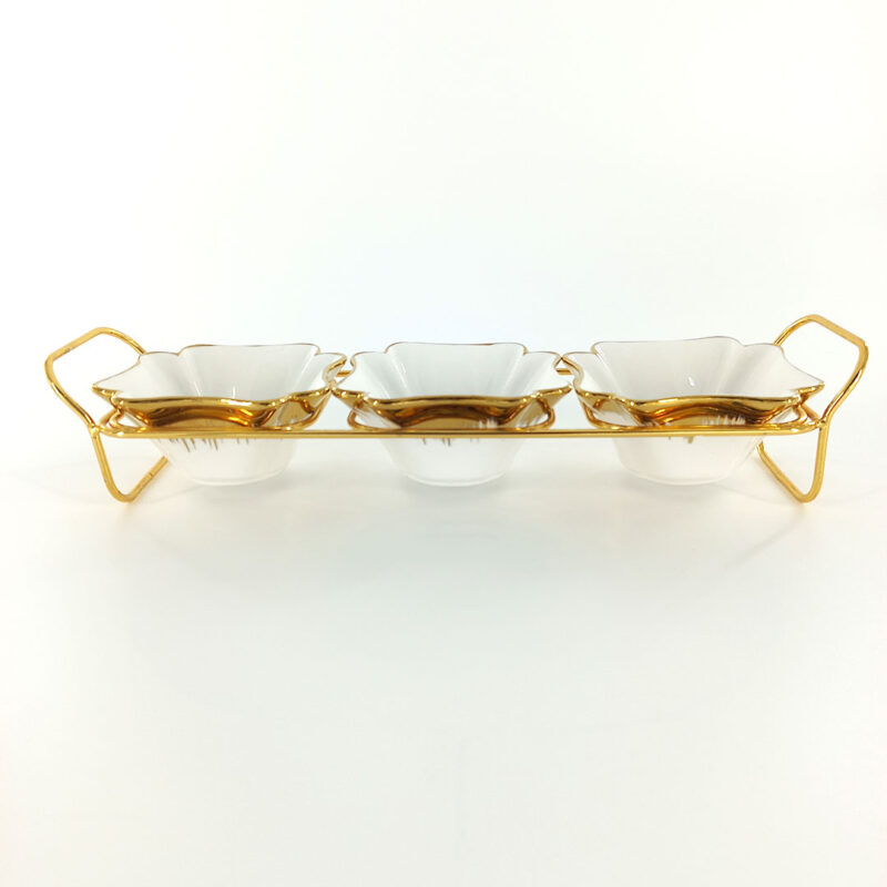 3-compartment-ceramic-bowl-set-with-gold-stand-2 3pc Ceramic Bowl Set With Holder