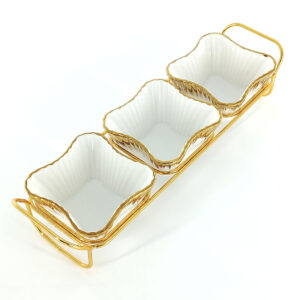 3pc Ceramic Bowl Set with Gold Holder