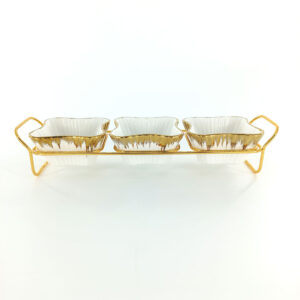 3pc Ceramic Bowl Set with Gold Holder