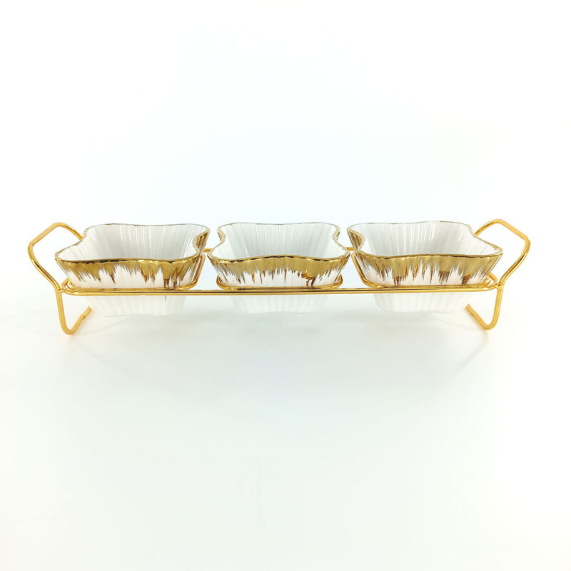 3pc Ceramic Bowl Set with Gold Holder