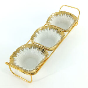 3pc Ceramic Bowl Set with Gold Holder