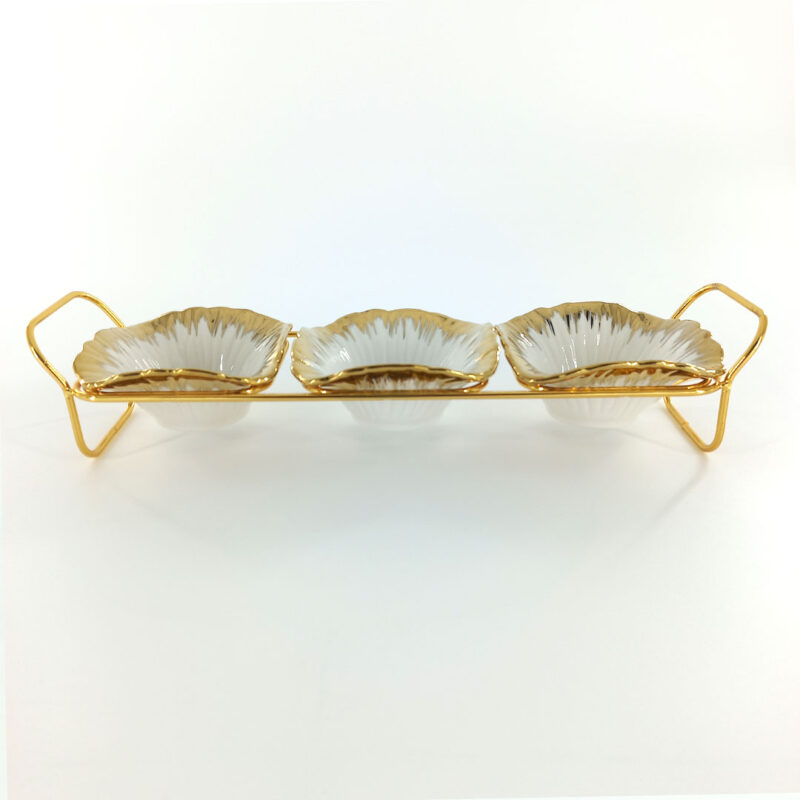 3pc Ceramic Bowl Set with Gold Holder