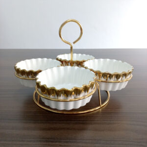 4 Compartment Porcelain Bowl Set with Gold Stand
