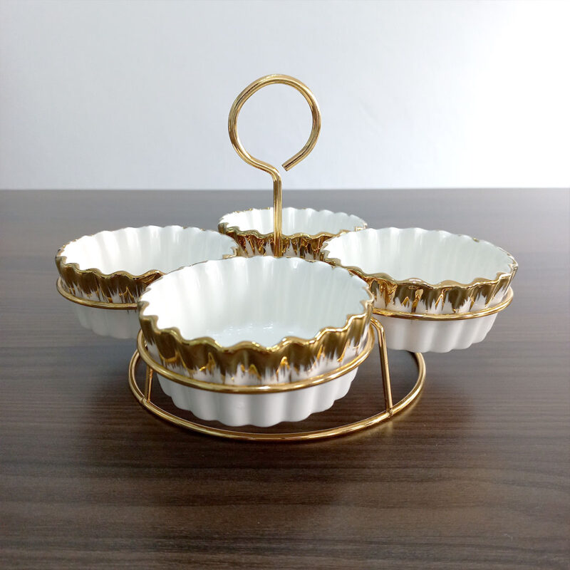 4 Compartment Porcelain Bowl Set with Gold Stand