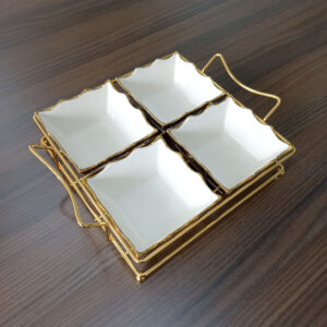 4 Compartment Porcelain Bowl Set with Golden Rim + Holder