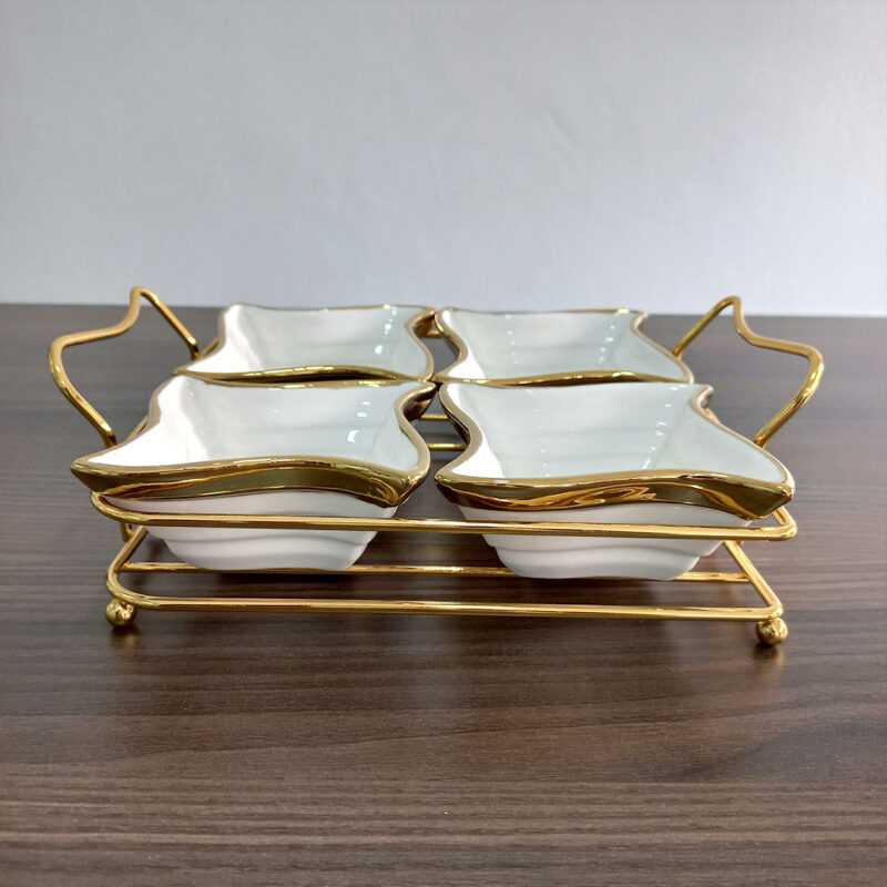 4 Compartment Porcelain Bowl Set with Golden Rim + Holder