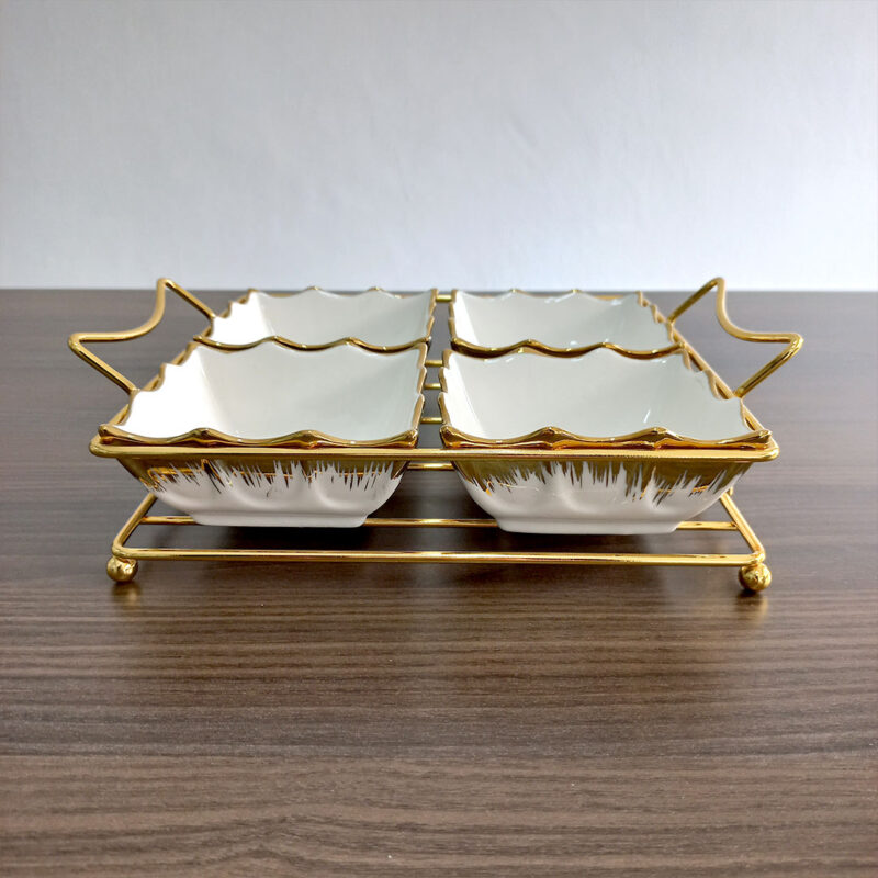 4-Compartment-Square-Porcelain-Bowl-Set-2 4 Compartment Porcelain Bowl Set with Golden Rim + Holder