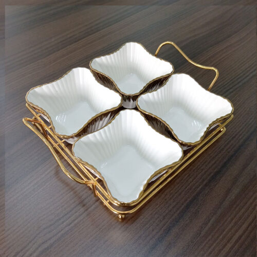 4 Compartment Porcelain Bowl Set with Golden Rim + Holder