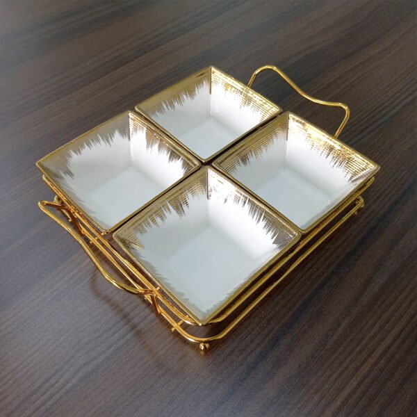 4 Compartment Porcelain Bowl Set with Golden Rim + Holder