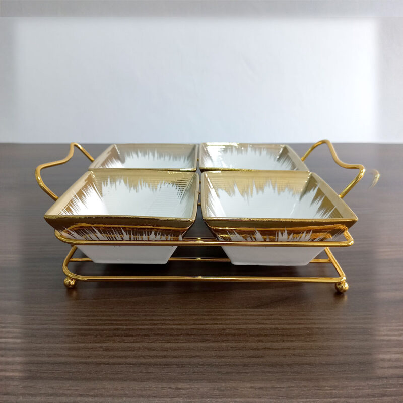 4 Compartment Porcelain Bowl Set with Golden Rim + Holder