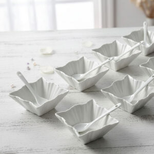 6pc Porcelain Bowl Set with Spoons Pointy Corners - 9cm
