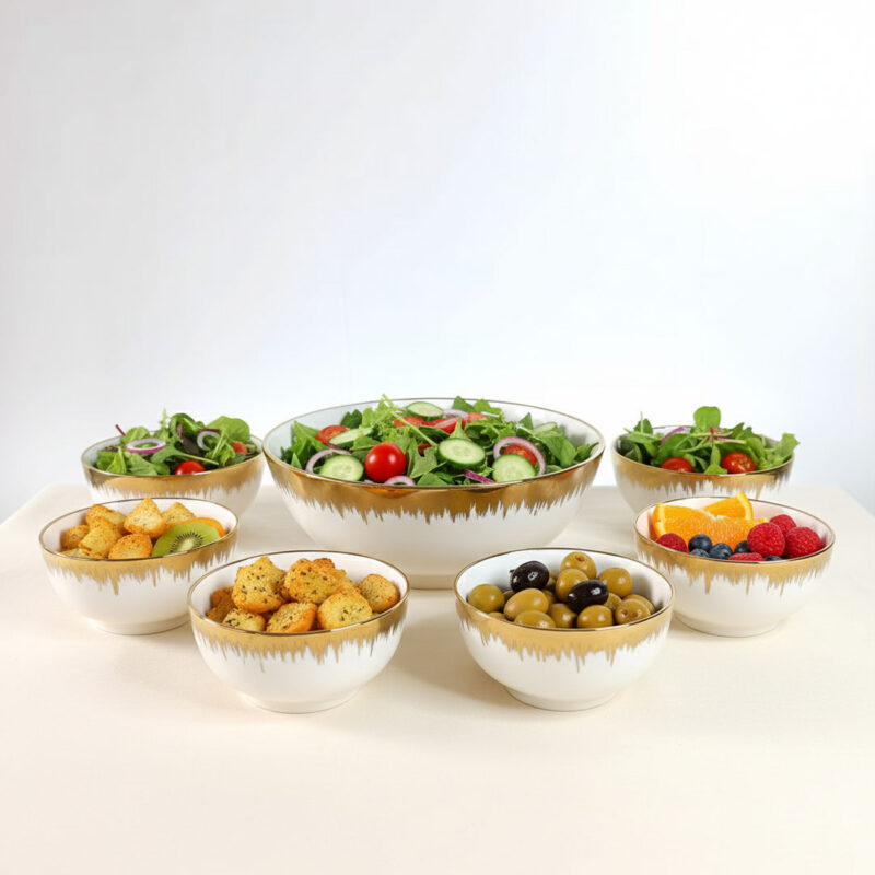 7Pc Porcelain Bowl Set with Golden Rim