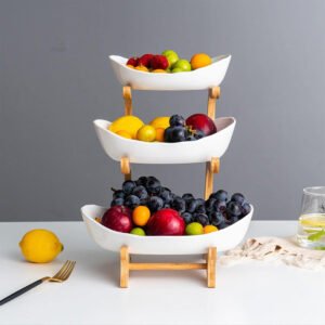 3-Tier Ceramic Fruit Stand with Bamboo Frame