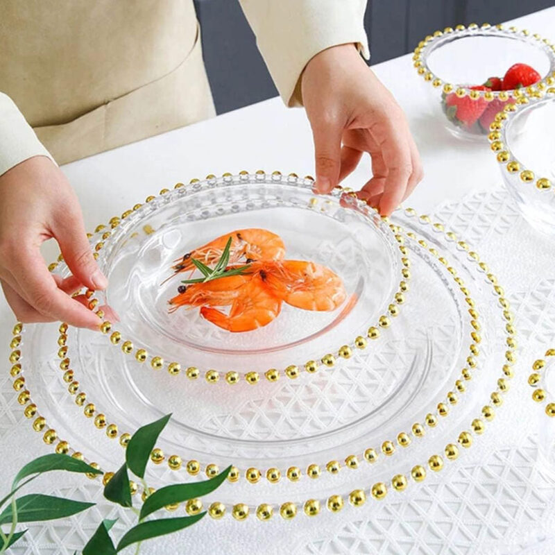 gold-bead-decorative-plate-3 Clear Glass Plate with Gold Beaded Rim
