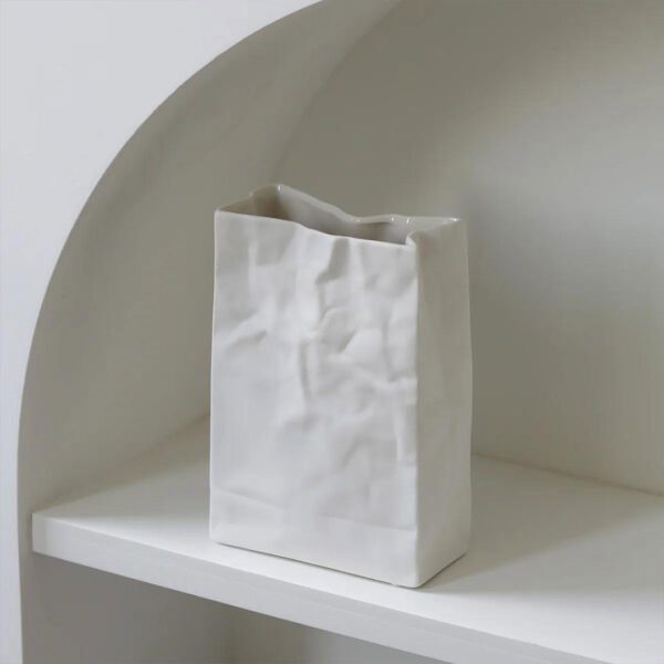 Minimalist White Ceramic Vase - Crumpled Bag Finish