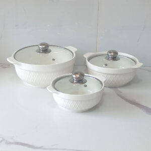 3pc Ceramic Serving Bowl Set with Glass Lids – Pearl