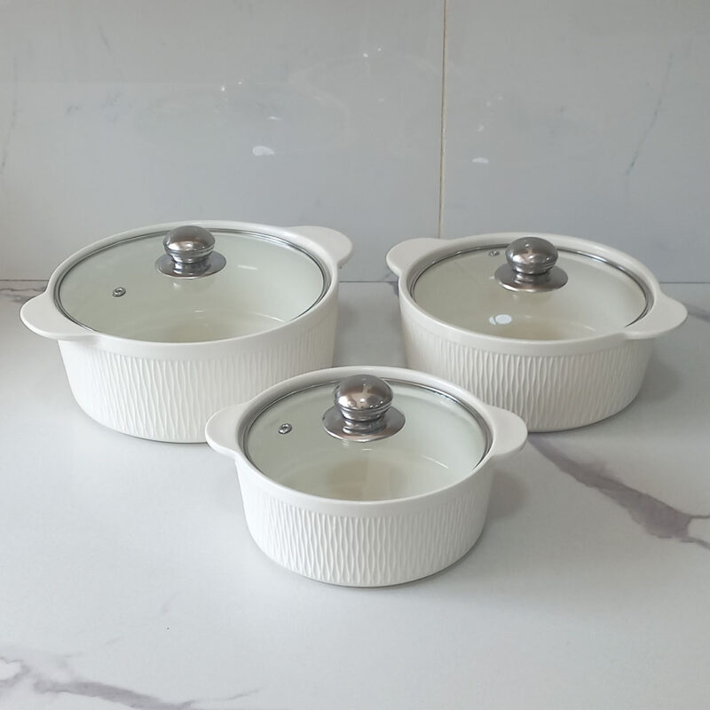 3pc Ceramic Serving Bowl Set with Glass Lids – Vertical Wave