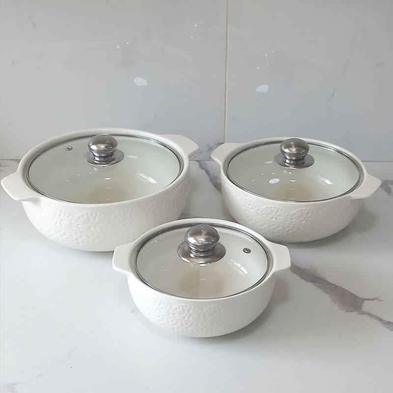 Ceramic-Serving-Bowl-Set-with-Glass-Lids-Embossed Ceramic Serving Bowl Set with Glass Lids - Embossed
