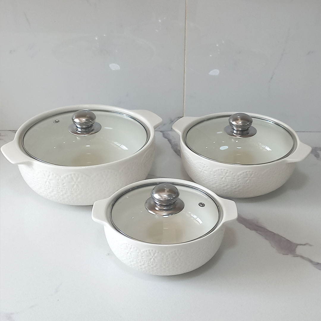Ceramic Serving Bowl Set with Glass Lids - Embossed