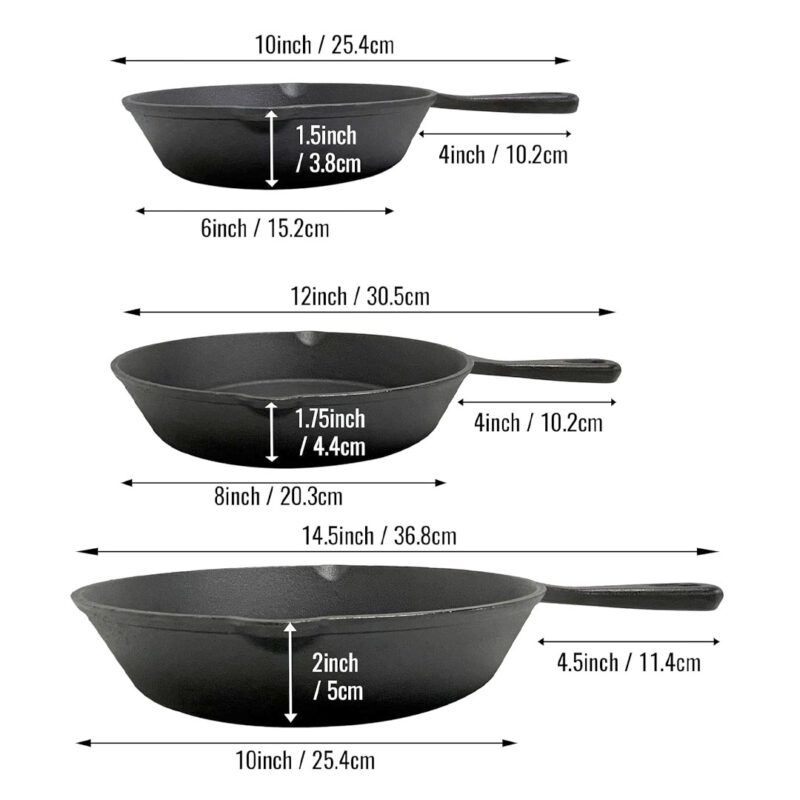 3pc Heavy Duty Cast Iron Pan / Skillet Set - 15, 20 & 25cm