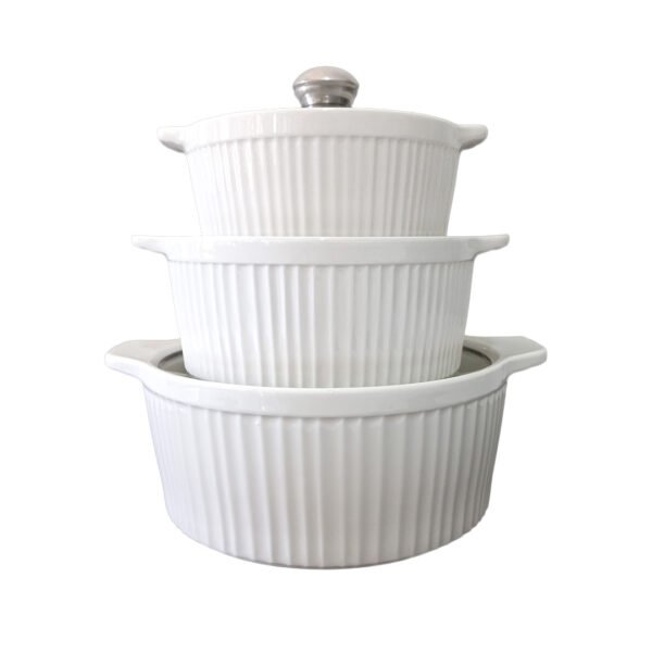 3pc Ceramic Serving Bowl Set with Glass Lids – Ribbed