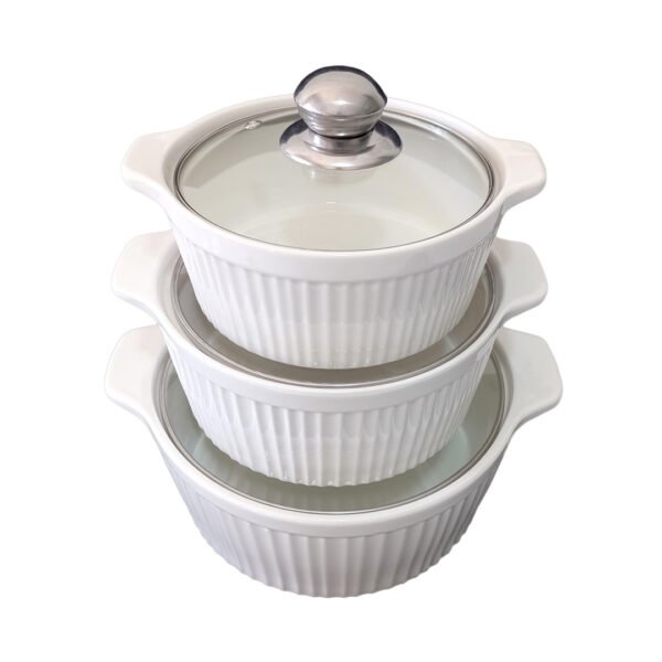 3pc Ceramic Serving Bowl Set with Glass Lids – Ribbed