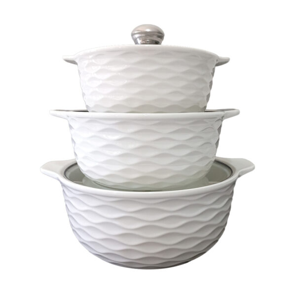 3pc Ceramic Serving Bowl Set with Glass Lids – Wavy - Image 2