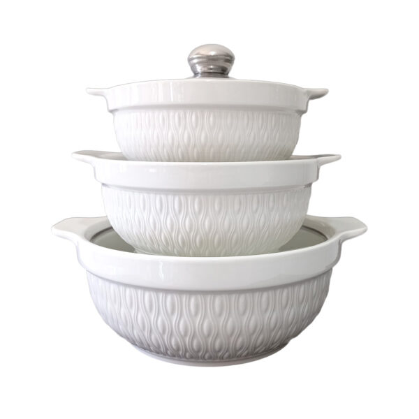 3pc Ceramic Serving Bowl Set with Glass Lids – Pearl - Image 2