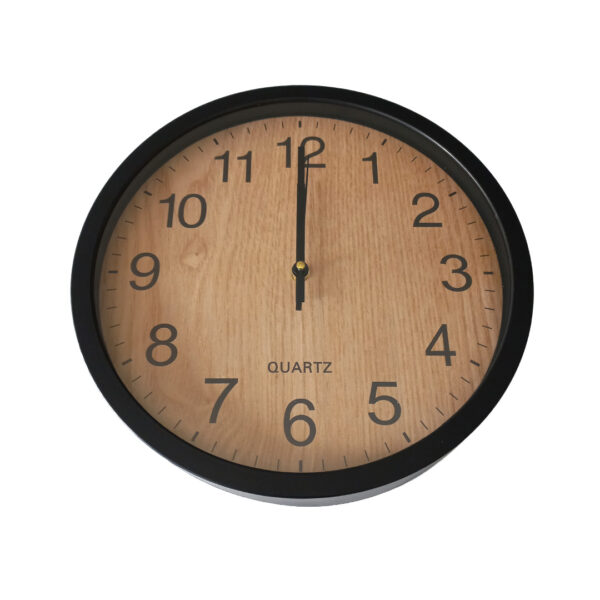 30cm Black Wall Clock With Woodgrain Face