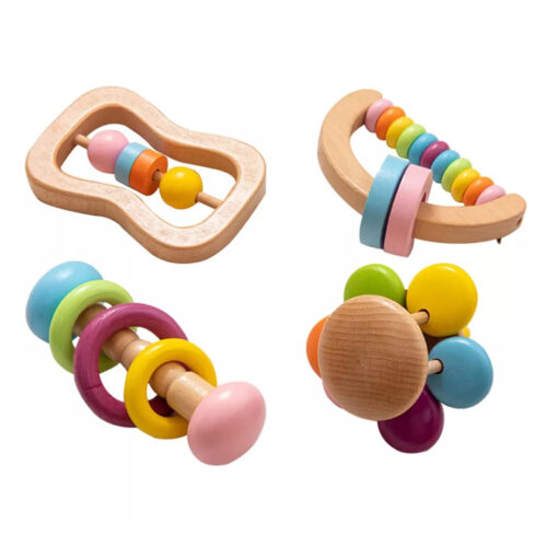 4-Piece Wooden Baby Rattle Set – Colorful Sensory Toys for Infants