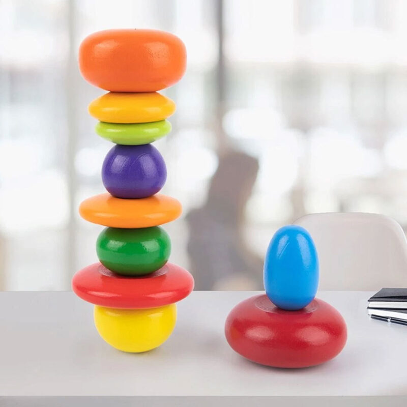 Wooden Stacking Pebbles – Montessori Rainbow Balancing Toy