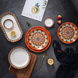 26cm Bohemian Ceramic Dinner Plate – Retro Floral in Orange and Cream