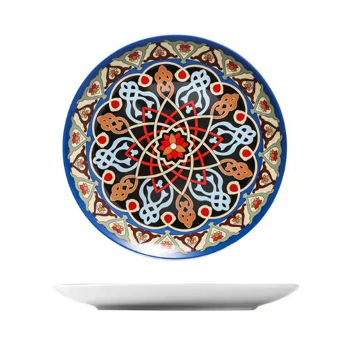 26cm Bohemian Ceramic Plate – Geometric Medallion in Blue and Red