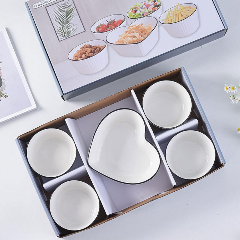 5pc Ceramic Bowl Set with Heart-Shaped Dish
