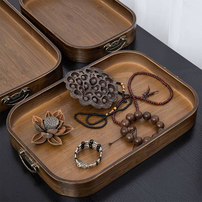 Rectangular Wooden Serving Tray with Vintage Handles