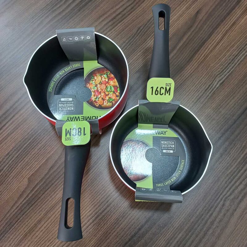 homeway-red-saucepans-1 16 & 18cm Homeway Nonstick Sauce Pan with Pour Spout