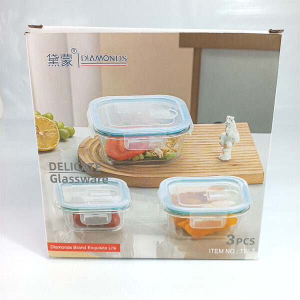 3pc Square Glass Lunch Box / Meal Prep Containers Set