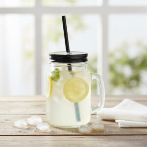 glass mason jar with straw