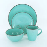 16pc Speckled Light Cyan Dinner Set with Brown Rim
