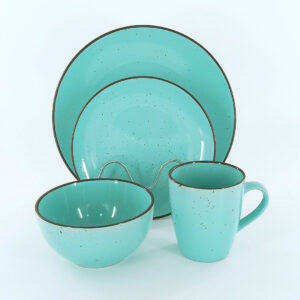 16pc Speckled Light Cyan Dinner Set with Brown Rim