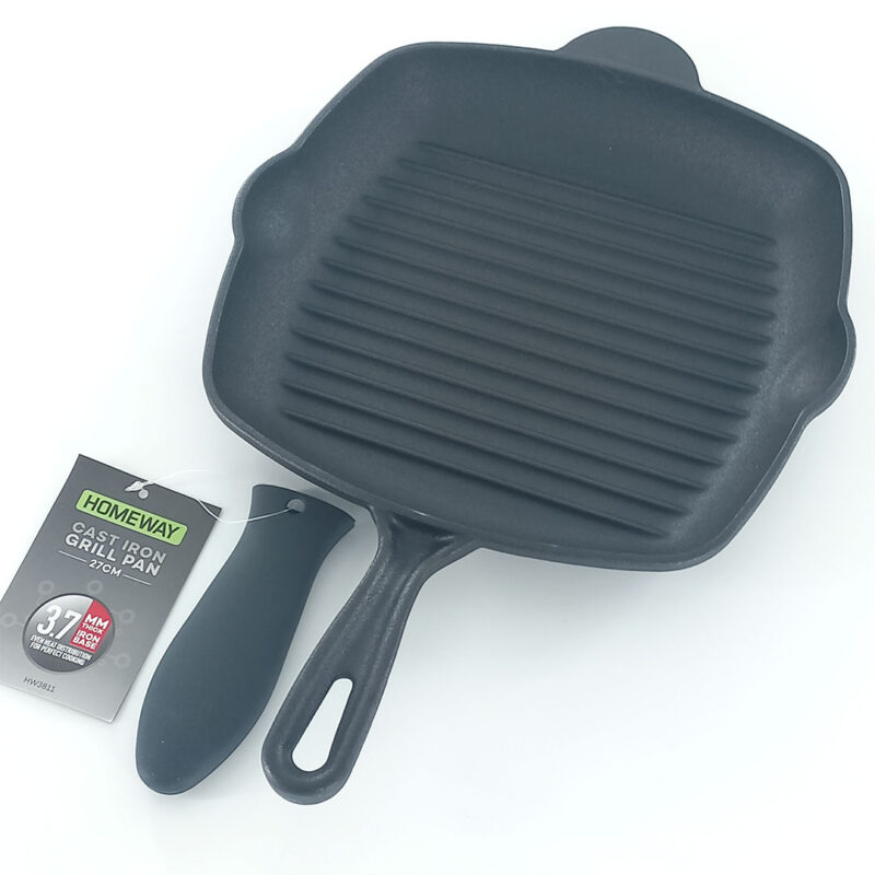 HW3811-cast-iron-grill-pan-2 27cm Heavy Duty Cast Iron Grill Pan - Pre-Seasoned Square Griddle