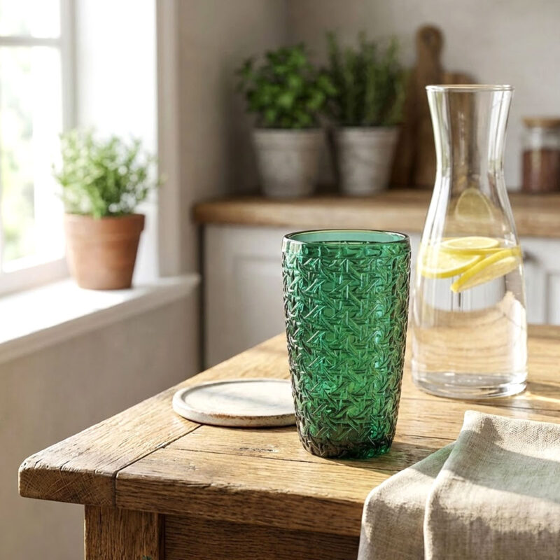 0194LG-380ml-green-glass-3 300-380ml Textured Glass Tumbler - Emerald Green Woven Pattern
