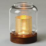 Glass Candle Holder with Perforated Gold Insert & Wood Base