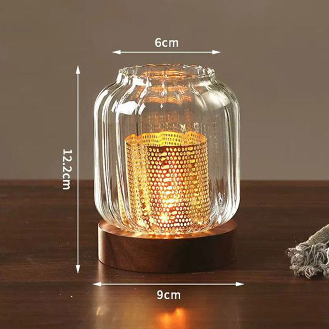 Ribbed Glass Hurricane Candle Holder with Wood Base