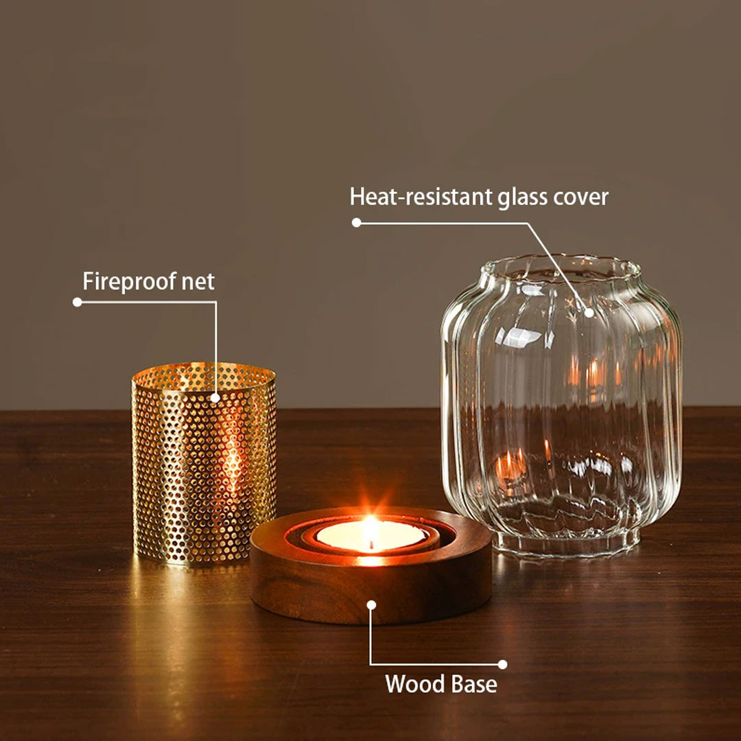 Ribbed Glass Hurricane Candle Holder with Wood Base